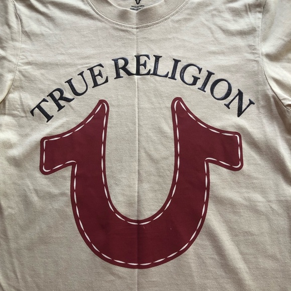 True Religion Girls Size M Tan Logo Graphic T-Shirt Short Sleeves Slim-Fit Tee - Picture 3 of 12
